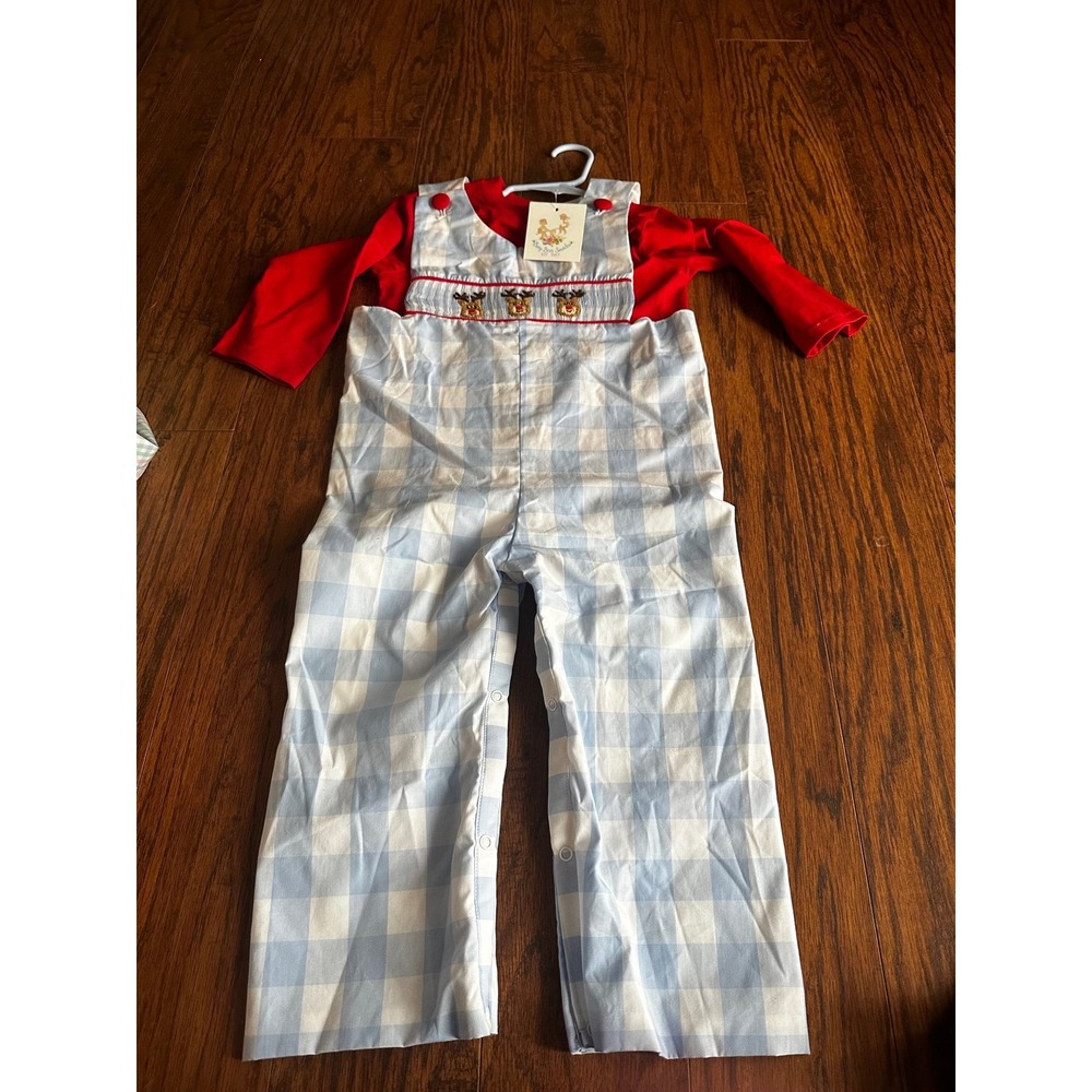 Busy Bees Smocks Reindeer Smocked Longall Gingham Christmas Set 4T  Boys